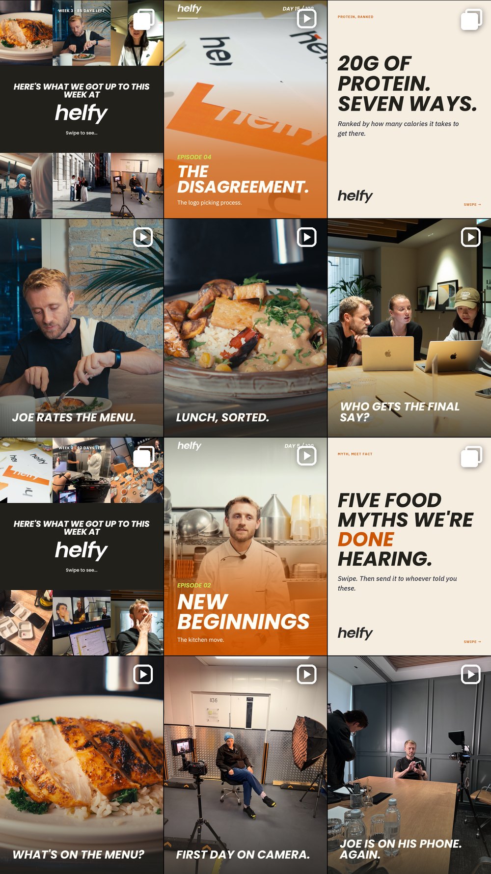 The helfy Instagram grid: episode covers, weekly recaps and evergreen carousels